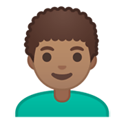 👨🏽‍🦱 Emoji Mann: mittlere Hautfarbe, lockiges Haar Google Android 10.0.