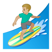 🏄🏼‍♂️ Emoji Homem Surfista: Pele Morena Clara na Google Android 10.0.