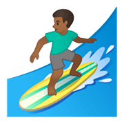 🏄🏾‍♂️ Emoji Homem Surfista: Pele Morena Escura na Google Android 10.0.