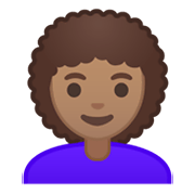👩🏽‍🦱 Emoji Frau: mittlere Hautfarbe, lockiges Haar Google Android 10.0.