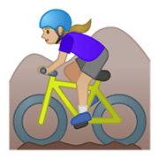🚵🏼‍♀️ Emoji Mulher Fazendo Mountain Bike: Pele Morena Clara na Google Android 10.0.