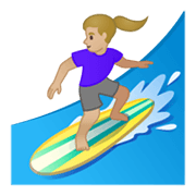 🏄🏼‍♀️ Emoji Mulher Surfista: Pele Morena Clara na Google Android 10.0.