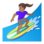 🏄🏽‍♀️ Emoji Mujer Haciendo Surf: Tono De Piel Medio en Google Android 10.0.