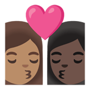 👩🏽‍❤️‍💋‍👩🏿 Emoji sich küssendes Paar - Frau: mittlere Hautfarbe, Frau: dunkle Hautfarbe Google Android 11.0 December 2020 Feature Drop.