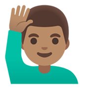Emoji 🙋🏽‍♂️ Uomo Con Mano Alzata: Carnagione Olivastra su Google Android 11.0 December 2020 Feature Drop.