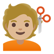 💇🏼 Emoji Persona Cortándose El Pelo: Tono De Piel Claro Medio en Google Android 11.0 December 2020 Feature Drop.