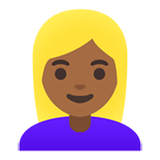 👱🏾‍♀️ Emoji Mulher: Pele Morena Escura E Cabelo Loiro na Google Android 11.0 December 2020 Feature Drop.
