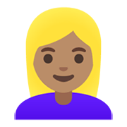 👱🏽‍♀️ Emoji Frau: mittlere Hautfarbe, blond Google Android 11.0 December 2020 Feature Drop.
