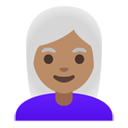 Émoji 👩🏽‍🦳 Femme : Peau Légèrement Mate Et Cheveux Blancs sur Google Android 11.0 December 2020 Feature Drop.