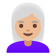 Émoji 👩🏼‍🦳 Femme : Peau Moyennement Claire Et Cheveux Blancs sur Google Android 11.0.