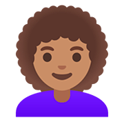 👩🏽‍🦱 Emoji Frau: mittlere Hautfarbe, lockiges Haar Google Android 11.0.