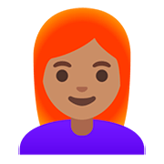 Émoji 👩🏽‍🦰 Femme : Peau Légèrement Mate Et Cheveux Roux sur Google Android 11.0.