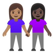 👩🏽‍🤝‍👩🏿 Emoji händchenhaltende Frauen: mittlere Hautfarbe, dunkle Hautfarbe Google Android 12.0.