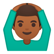 🙆🏾‍♂️ Emoji Mann mit Händen auf dem Kopf: mitteldunkle Hautfarbe Google Android 9.0.