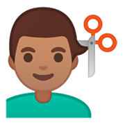 💇🏽‍♂️ Emoji Mann beim Haareschneiden: mittlere Hautfarbe Google Android 9.0.