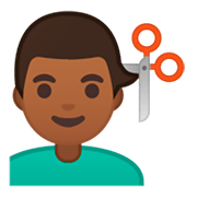 💇🏾‍♂️ Emoji Mann beim Haareschneiden: mitteldunkle Hautfarbe Google Android 9.0.