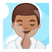 🧖🏽‍♂️ Emoji Mann in Dampfsauna: mittlere Hautfarbe Google Android 9.0.