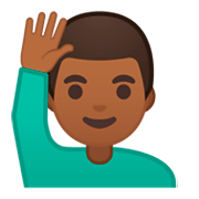 🙋🏾‍♂️ Emoji Mann mit erhobenem Arm: mitteldunkle Hautfarbe Google Android 9.0.