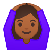 🙆🏾‍♀️ Emoji Frau mit Händen auf dem Kopf: mitteldunkle Hautfarbe Google Android 9.0.