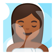 🧖🏾‍♀️ Emoji Mulher Na Sauna: Pele Morena Escura na Google Android 9.0.