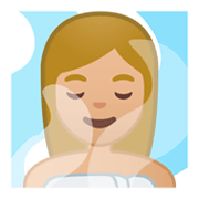 🧖🏼‍♀️ Emoji Frau in Dampfsauna: mittelhelle Hautfarbe Google Android 9.0.