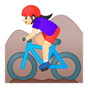 🚵🏻‍♀️ Emoji Mulher Fazendo Mountain Bike: Pele Clara na Google Android 9.0.