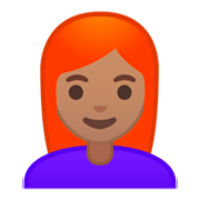 Émoji 👩🏽‍🦰 Femme : Peau Légèrement Mate Et Cheveux Roux sur Google Android 9.0.