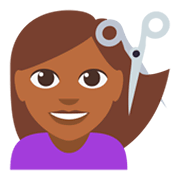 💇🏾 Emoji Pessoa Cortando O Cabelo: Pele Morena Escura na JoyPixels 3.0.
