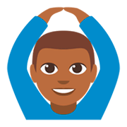 🙆🏾‍♂️ Emoji Mann mit Händen auf dem Kopf: mitteldunkle Hautfarbe JoyPixels 3.0.