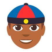 👲🏾 Emoji Mann mit chinesischem Hut: mitteldunkle Hautfarbe JoyPixels 3.0.