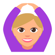 🙆🏼‍♀️ Emoji Frau mit Händen auf dem Kopf: mittelhelle Hautfarbe JoyPixels 3.0.