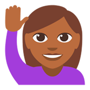 🙋🏾‍♀️ Emoji Frau mit erhobenem Arm: mitteldunkle Hautfarbe JoyPixels 3.0.