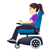 👩🏻‍🦼 Emoji Frau in elektrischem Rollstuhl: helle Hautfarbe JoyPixels 5.0.
