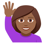 🙋🏾‍♀️ Emoji Frau mit erhobenem Arm: mitteldunkle Hautfarbe JoyPixels 5.0.