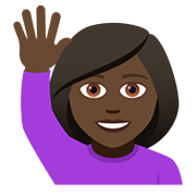 🙋🏿‍♀️ Emoji Mulher Levantando A Mão: Pele Escura na JoyPixels 5.0.