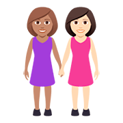 👩🏽‍🤝‍👩🏻 Emoji händchenhaltende Frauen: mittlere Hautfarbe, helle Hautfarbe JoyPixels 5.0.