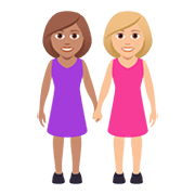 👩🏽‍🤝‍👩🏼 Emoji händchenhaltende Frauen: mittlere Hautfarbe, mittelhelle Hautfarbe JoyPixels 5.0.
