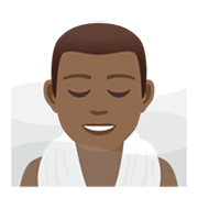 🧖🏾‍♂️ Emoji Hombre En Una Sauna: Tono De Piel Oscuro Medio en JoyPixels 5.5.