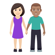 👩🏻‍🤝‍👨🏽 Emoji Mann und Frau halten Hände: helle Hautfarbe, mittlere Hautfarbe JoyPixels 5.5.