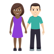 👩🏾‍🤝‍👨🏻 Emoji Mann und Frau halten Hände: mitteldunkle Hautfarbe, helle Hautfarbe JoyPixels 5.5.