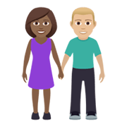 👩🏾‍🤝‍👨🏼 Emoji Mann und Frau halten Hände: mitteldunkle Hautfarbe, mittelhelle Hautfarbe JoyPixels 5.5.