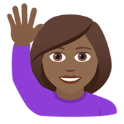 🙋🏾‍♀️ Emoji Frau mit erhobenem Arm: mitteldunkle Hautfarbe JoyPixels 5.5.