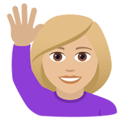 🙋🏼‍♀️ Emoji Frau mit erhobenem Arm: mittelhelle Hautfarbe JoyPixels 5.5.