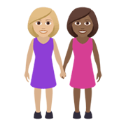 👩🏼‍🤝‍👩🏾 Emoji händchenhaltende Frauen: mittelhelle Hautfarbe, mitteldunkle Hautfarbe JoyPixels 5.5.