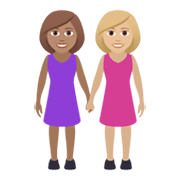 👩🏽‍🤝‍👩🏼 Emoji händchenhaltende Frauen: mittlere Hautfarbe, mittelhelle Hautfarbe JoyPixels 5.5.