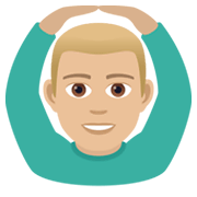 🙆🏼‍♂️ Emoji Mann mit Händen auf dem Kopf: mittelhelle Hautfarbe JoyPixels 6.5.