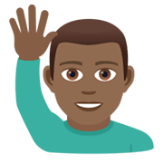 🙋🏾‍♂️ Emoji Mann mit erhobenem Arm: mitteldunkle Hautfarbe JoyPixels 6.5.