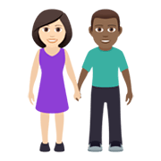 👩🏻‍🤝‍👨🏾 Emoji Mann und Frau halten Hände: helle Hautfarbe, mitteldunkle Hautfarbe JoyPixels 6.5.