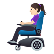 👩🏻‍🦼 Emoji Frau in elektrischem Rollstuhl: helle Hautfarbe JoyPixels 6.5.