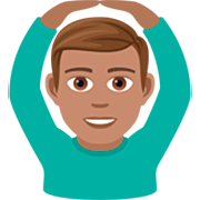 🙆🏽‍♂️ Emoji Mann mit Händen auf dem Kopf: mittlere Hautfarbe JoyPixels 7.0.